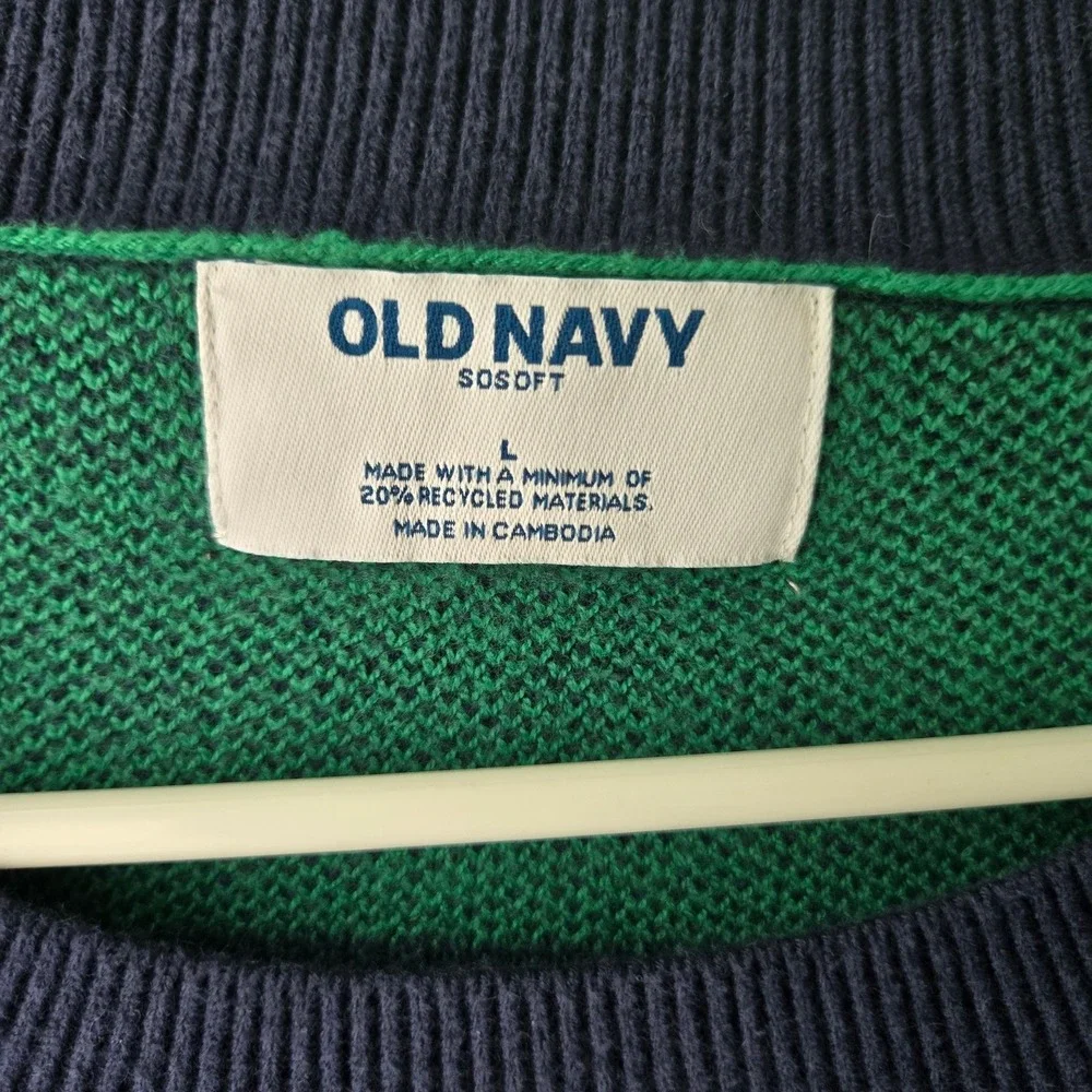 Old Navy SoSoft Mens L Green Navy Striped Crewneck Sweater Relaxed Preppy